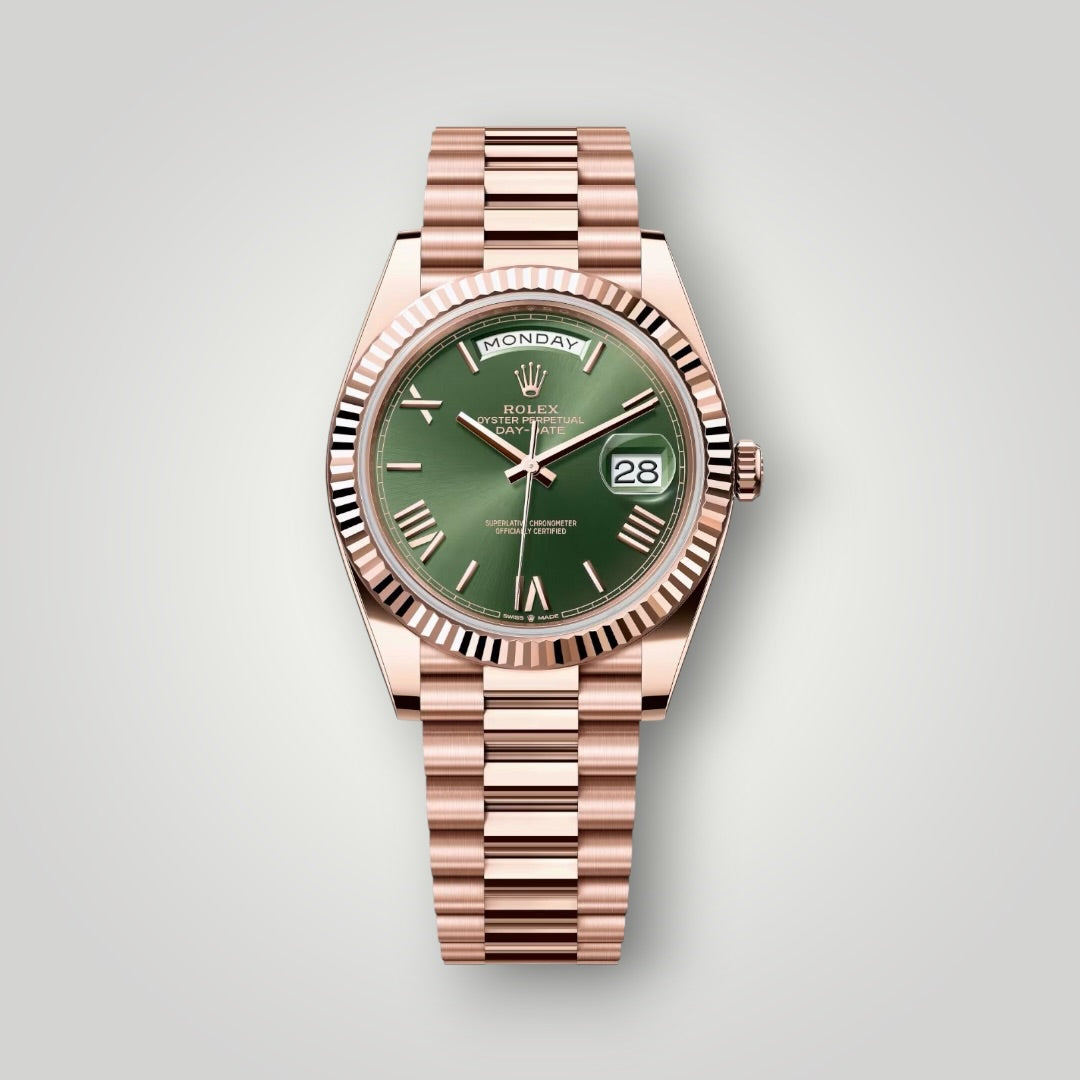 Rolex Day Date 40mm 228235 Full Rose Gold Olive Green Roman Dial ( 2023 )