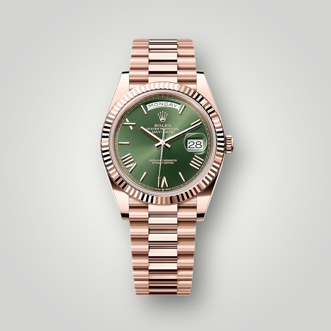 Rolex Day Date 40mm 228235 Full Rose Gold Olive Green Roman Dial ( 2023 )