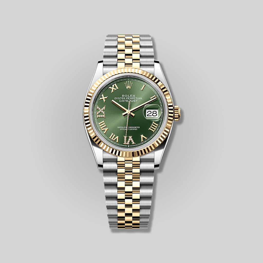 Rolex Datejust 36mm 126233 Steel and Yellow Gold Olive Green Roman with Diamonds VI and IX Jubilee Bracelet ( 2025 )