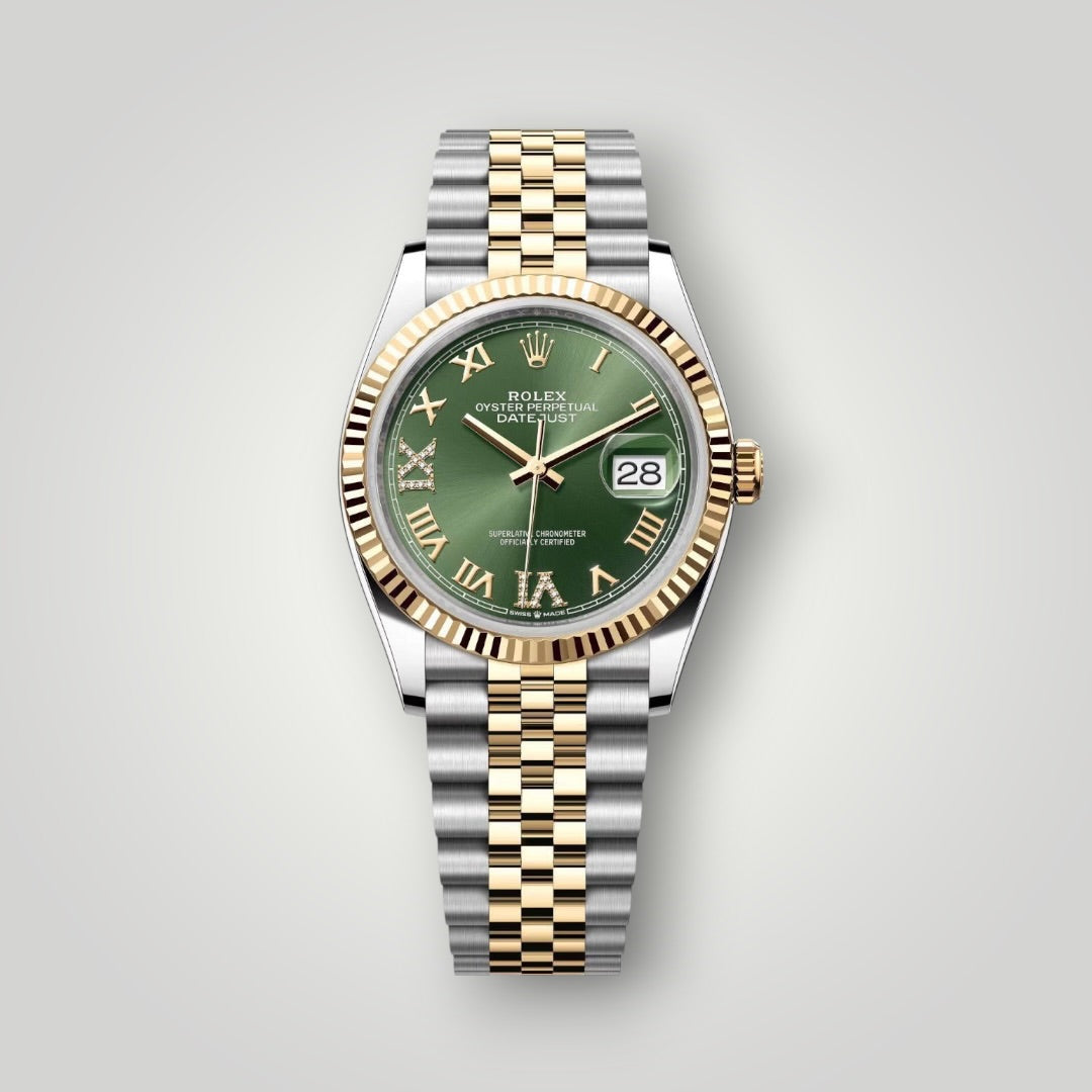 Rolex Datejust 36mm 126233 Steel and Yellow Gold Olive Green Roman with Diamonds VI and IX Jubilee Bracelet ( 2025 )
