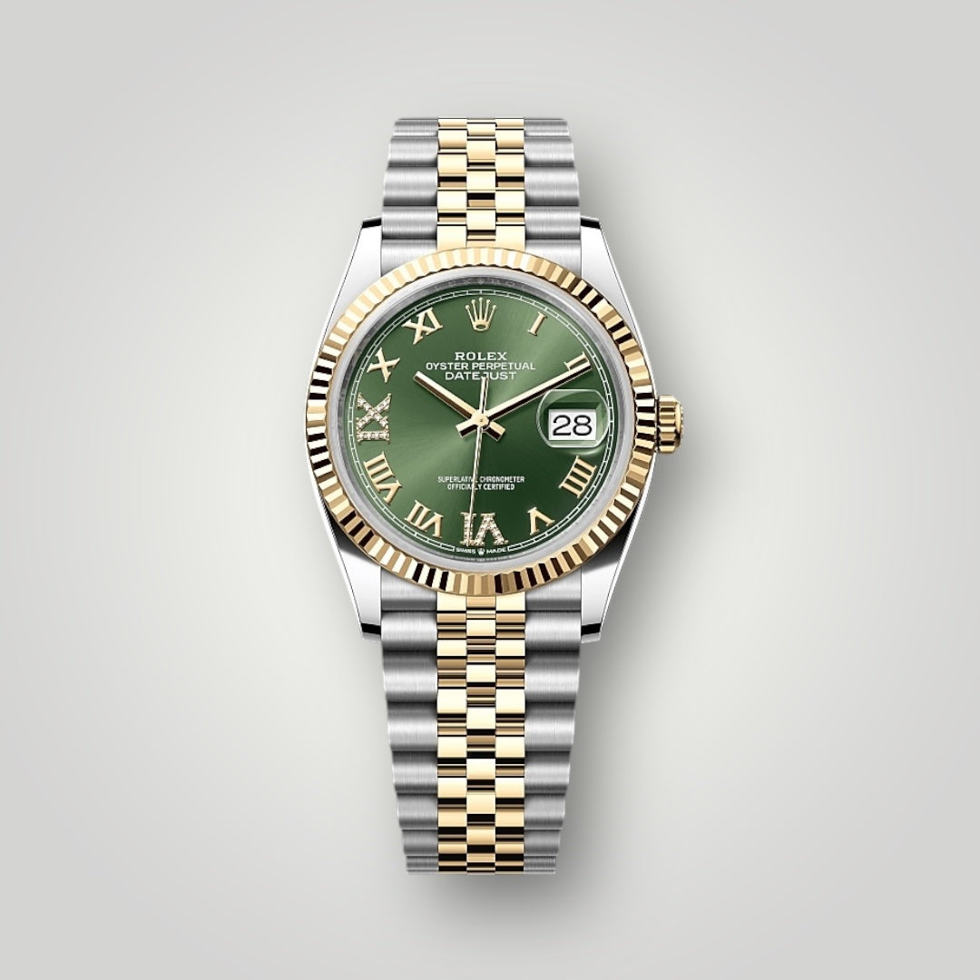 Rolex Datejust 36mm 126233 Steel and Yellow Gold Olive Green Roman with Diamonds VI and IX Jubilee Bracelet ( 2025 )
