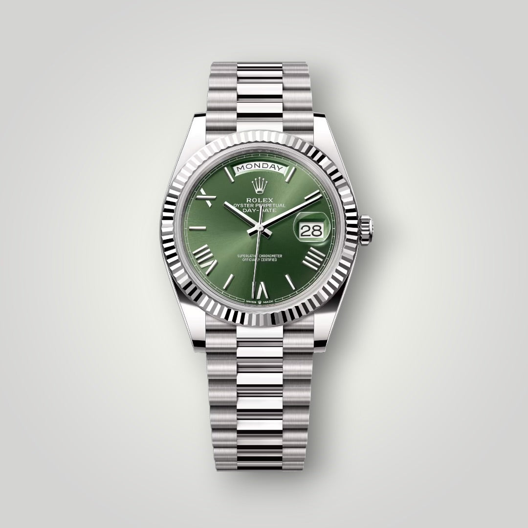 Rolex Day Date 40mm 228239 Full White Gold Olive Green Roman Dial ( 2023 )